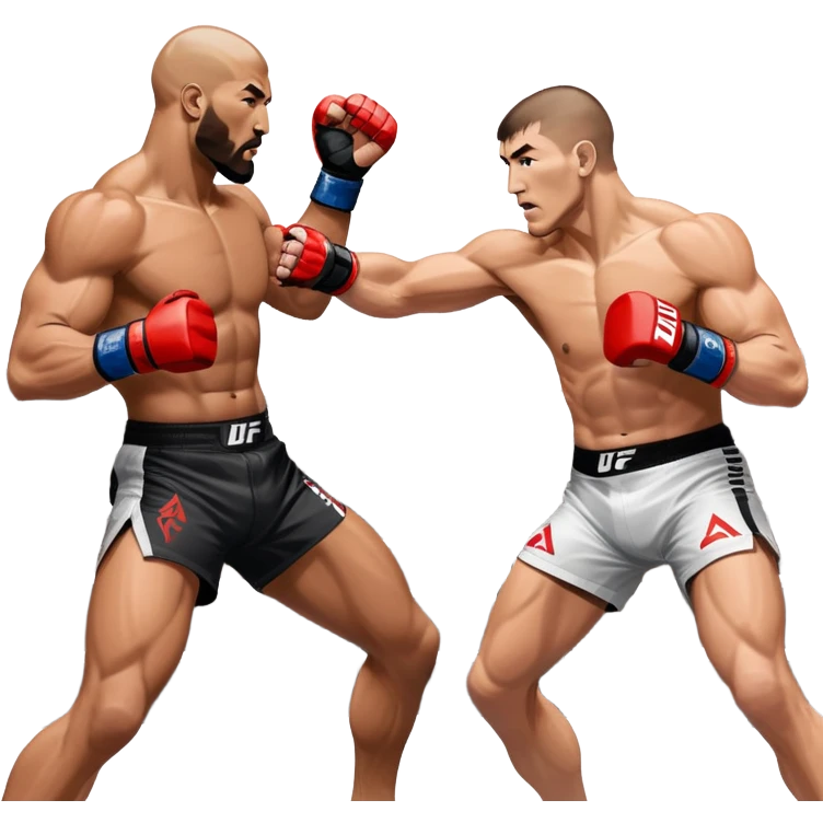 Two MMA fighters in the octagon, one delivering a strong punch while the other defends with a guard. The background shows the UFC octagon with the crowd in the distance. Transparent background emphasizes the dynamic intensity and skill of mixed martial arts. emoji
