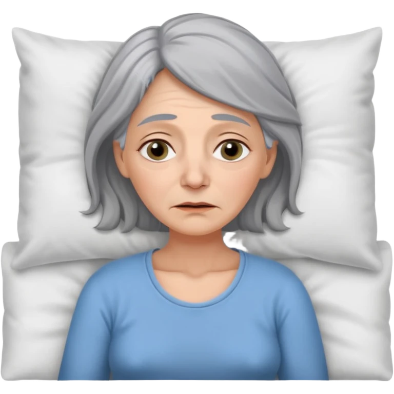 A 55-year-old woman lying in bed. She looks exhausted and desperate, with visible dark circles under her eyes, tired facial expression. emoji