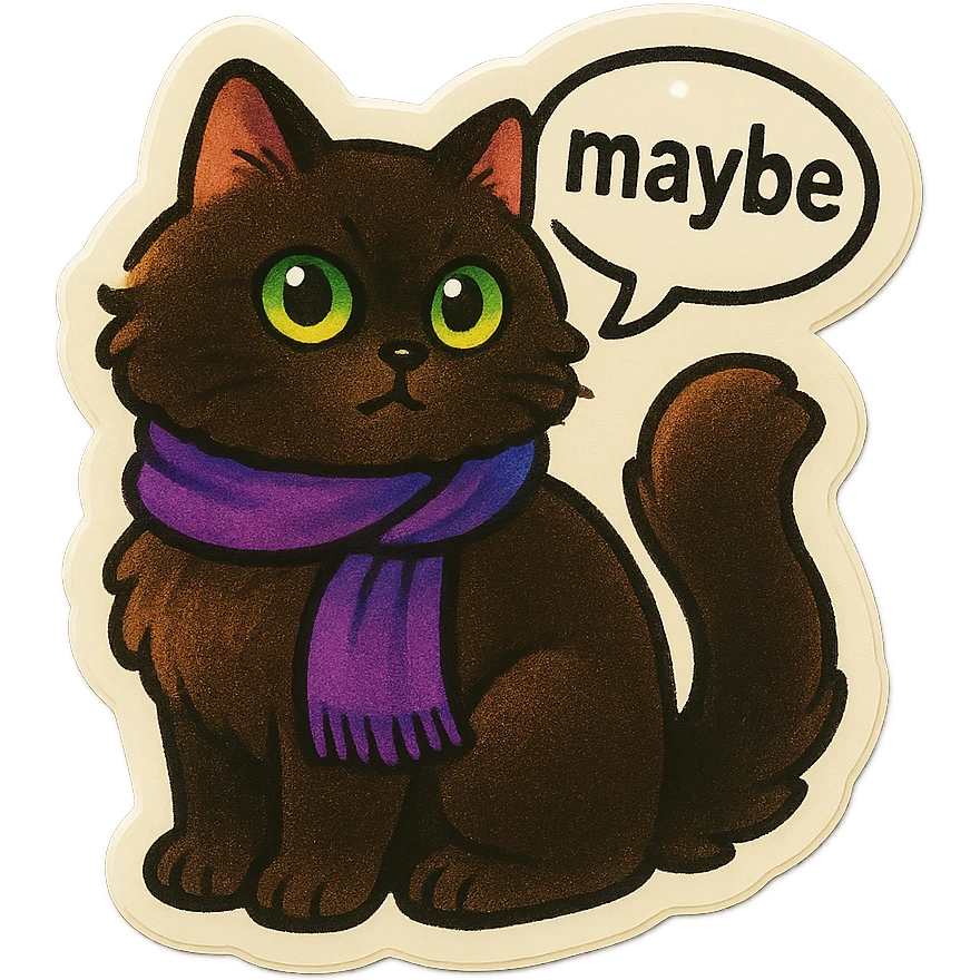 Fluffy dark-brown cat with green eyes and a purple scarf saying ‘maybe’ (with a speech bubble) emoji