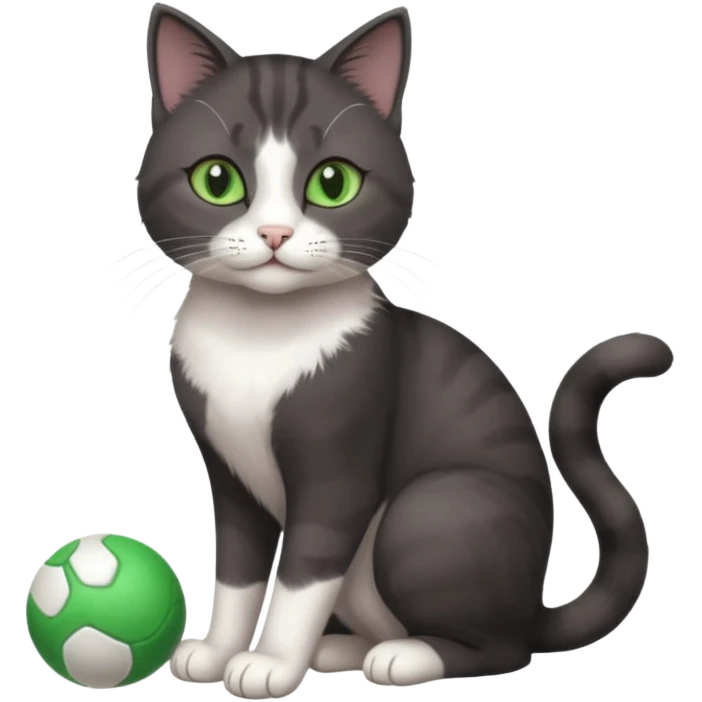 beautiful female solid dark grey cat with green eyes, white toes/paws and white patch on her chest playing emoji