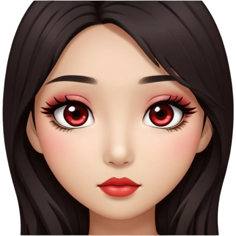Asian girl with very long shaggy deep dark brown hair, big dark eyes. long lower lashes, red blush, simple dark makeup. emoji