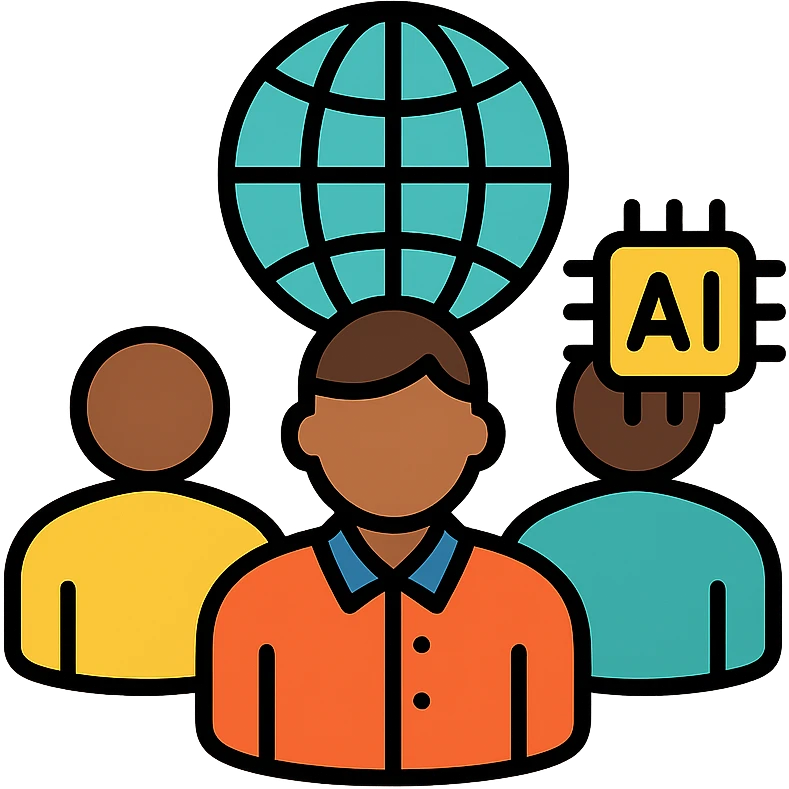 online community symbol for managers navigating AI changes, combining people, a globe or network, and a small AI element like a microchip or robot face emoji