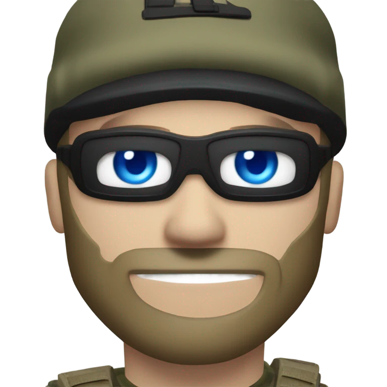 White male, call of duty black mask, camo tactical gear, tan combat boots, black beanie, blue eyes emoji