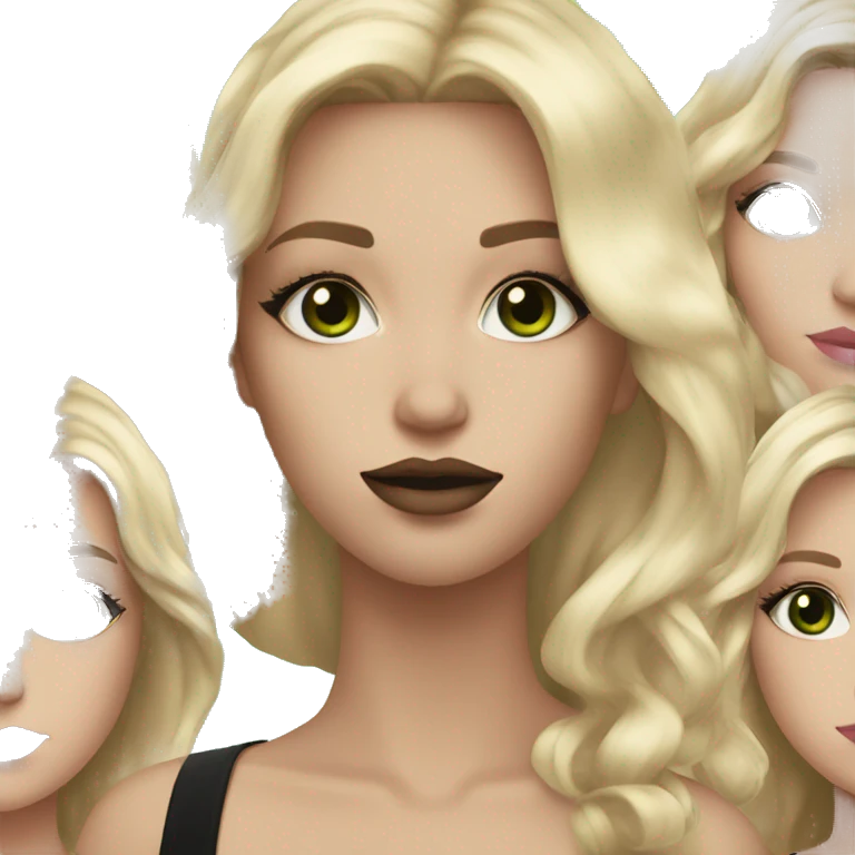 Blonde and brown hair with nude pink lipstick green eyes wearing black  emoji