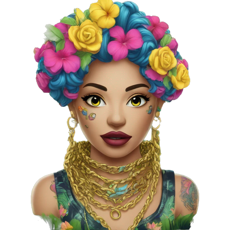 Trendy lady tropical multicoloured baroque hoodie with tattoos and gold chain emoji