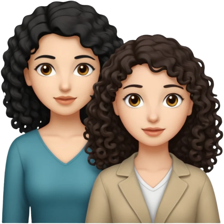 Arab woman with curly black hair and white girl with wavy light brown shoulder-length hair and slightly sloping brown eyes emoji
