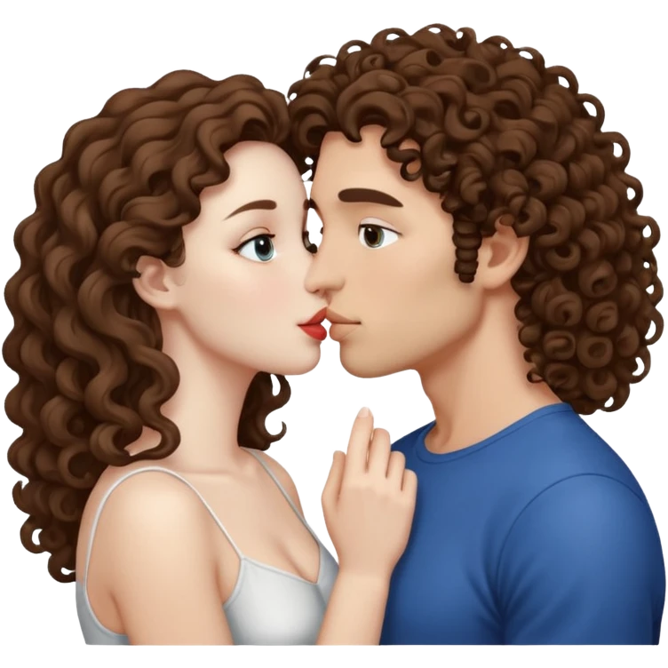 Couple kissing, the man would be white-skinned, curly-haired, brown. The serious woman with white skin, long hair and brown color  emoji