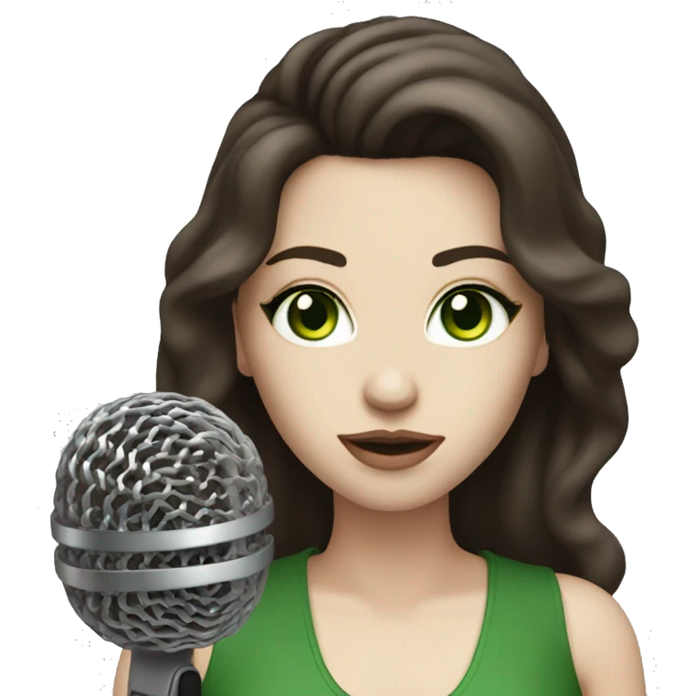 A pop singer with a microphone, dark brown hair and pale skin and green eyes emoji