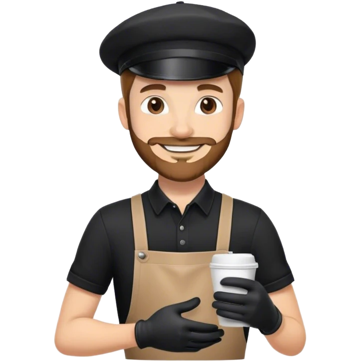 white starbucks barista with a short beard and a paperboy hat and a black shirt cap wearing black gloves and smiling emoji