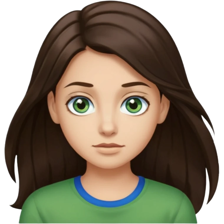 long dark brown hair with highlights in the front, big blue eyes clear skin with neck and green top on emoji