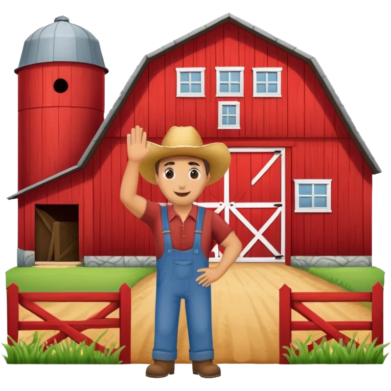 a farmer waving in front of a red barn emoji