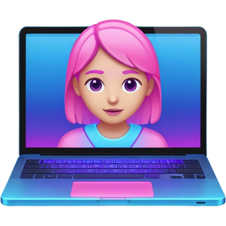 laptop computer with video call showing a person on screen, pink and light blue interface, with neon glow lines, blue neon light on top left, purple neon light on bottom right emoji