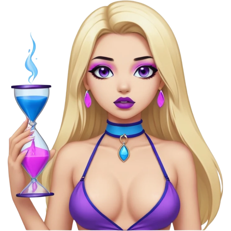 "Sticker with a full-length front view of a girl. Hourglass figure. Long straight blonde hair with blue tips. Light skin, erotic makeup with sharp eyeliner and purple lips, pink choker on the neck. Erotic pose, ahegao facial expression. Realistic style, clean neutral background." emoji