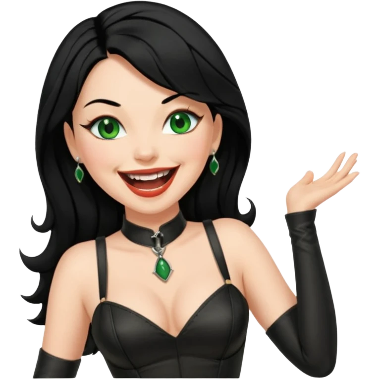 🕵🏻‍♀️💦🧥 black hair , green eyes ,dominatrix dress , laughing  emoji