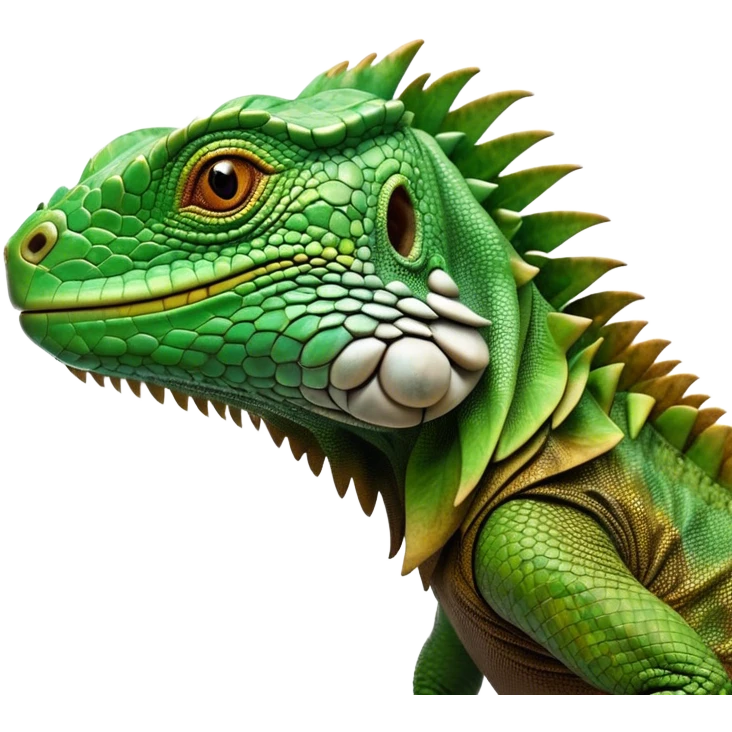 Cinematic Realistic Noble Iguana Portrait Emoji, Poised and commanding, with a robust, elongated body covered in intricately detailed, rough scales in vibrant shades of green with earthy brown accents, and a sharply defined head with piercing amber eyes, rendered with lifelike texture and natural light that accentuates every scale, high shine, intelligent and formidable, styled with an air of tropical authority, focused and attentive, soft glowing outline, capturing the essence of a watchful and confident iguana that appears ready to bask in the sun with effortless grace! emoji