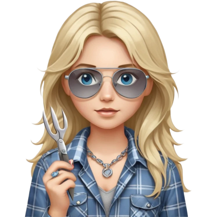 girl with long blond messy hair wearing grey plaid shirt with blue eyes and aviator sunglasses wearing a ring on her silver necklace, holding scissors emoji
