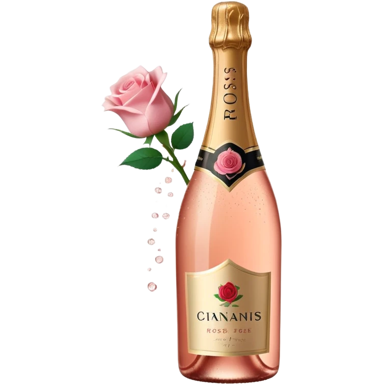 bottle of sparkling rosé champagne with a rose logo on the label, with the cork popping out from the top, tilted up and to the left, no glass emoji