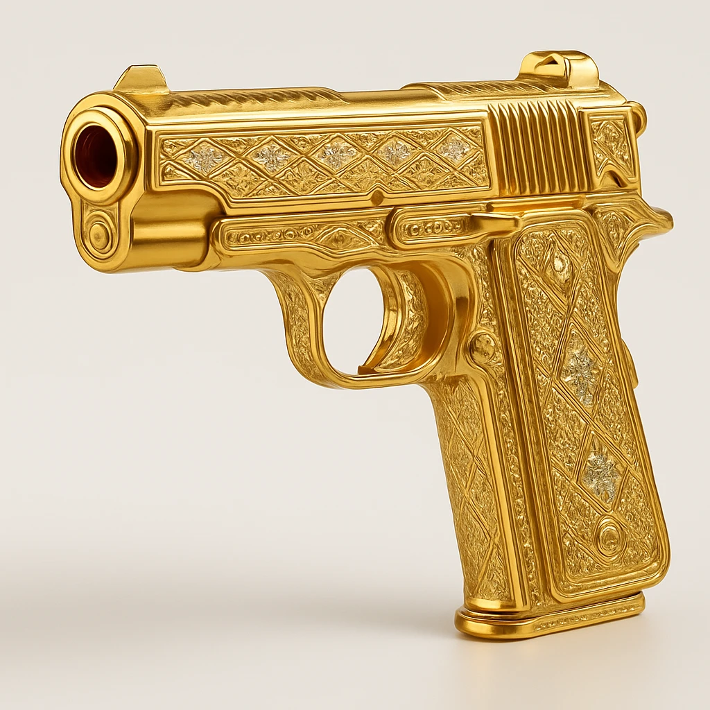 Add diamond details to the golden gun, keep it ornate and reflective, in gold objects style. emoji
