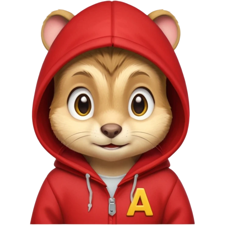 Portrait of a cartoon chipmunk with light brown and beige fur, wearing a red hoodie no zip with a yellow 'A' on it, big round eyes, small nose, and a mischievous grin, front-facing, stylized in animated movie style emoji