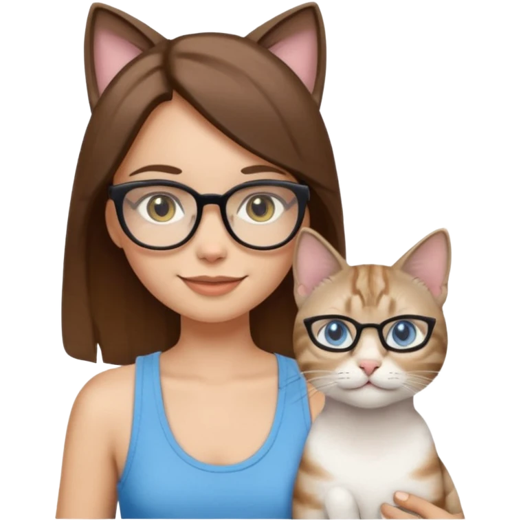 iOS-style emoji of a light-skinned girl with straight medium brown hair, black glasses and a white tank top, holding two cats: one white with yellow eyes and one gray tabby Siamese with blue eyes. emoji