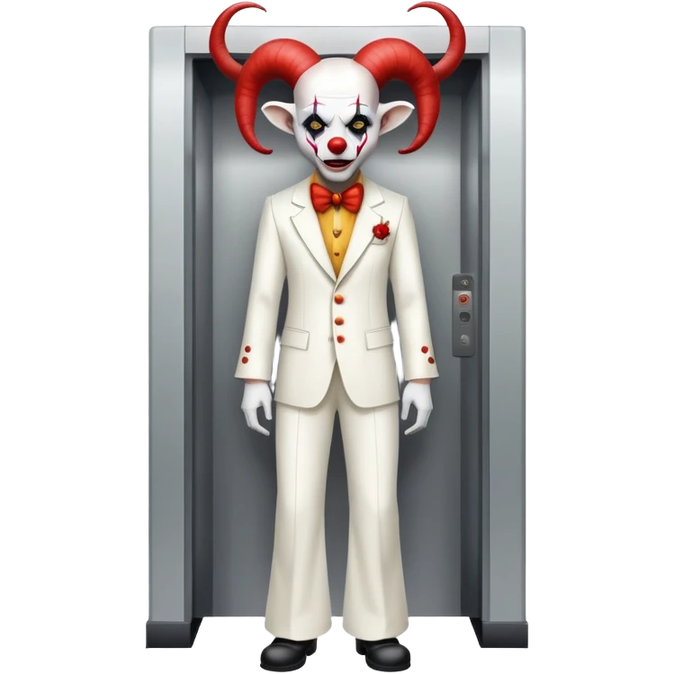 full-body demonic clown in a white leisure suit with bellbottom pants, bald, with black ram horns, wearing elevator shoes emoji