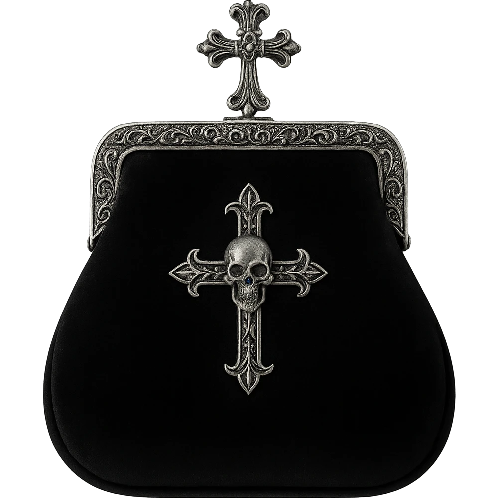 Aristocrat goth pocketbook, black velvet, silver clasp, gothic motifs emoji