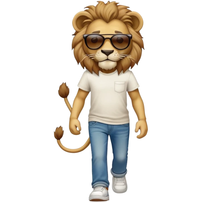 anthropomorphised lion in t-shirt and jeans wearing sunglasses walking upright emoji