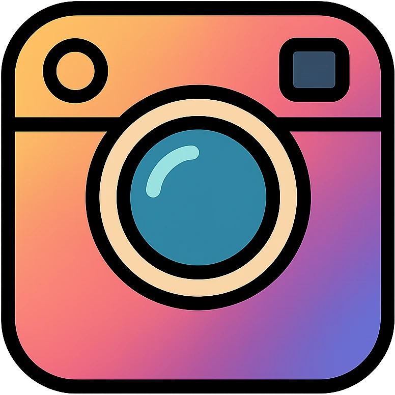 instagram logo, retro camera with lens detail, soft gradient, black outlines emoji