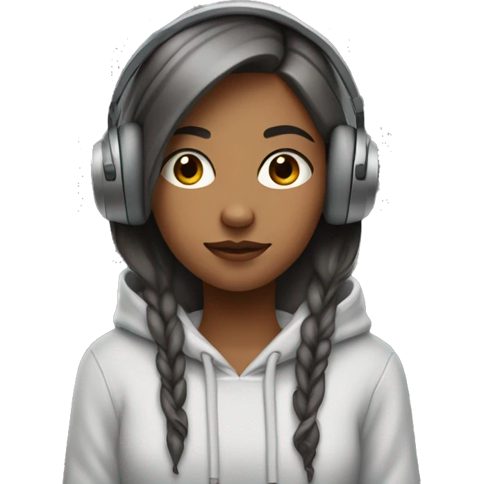 Girl with headphones  i said no eyes. Wearing hoodie of ofgray color hairs are brown and and upto shoulders.  emoji