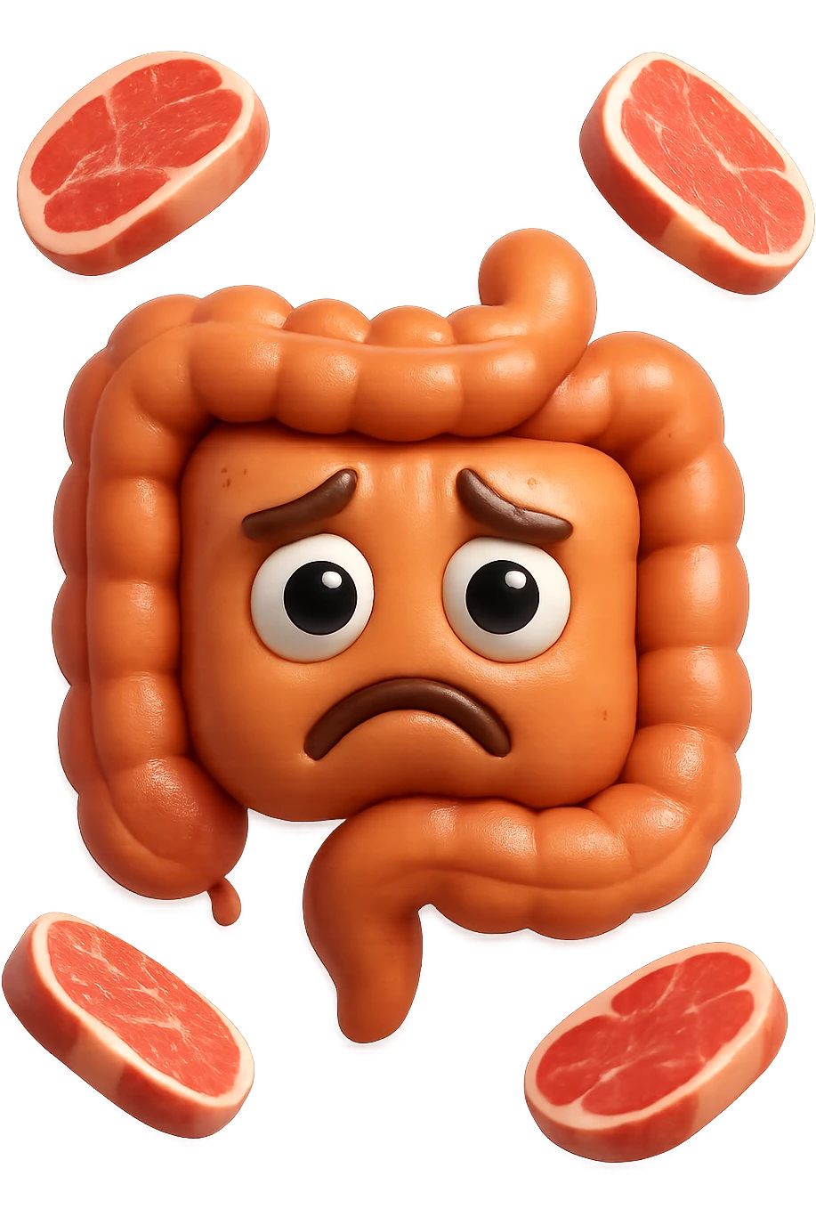 emoji stile iphone in 3d di un intestino triste con fette di carne che gli fluttuano intorno, gli occhi falli con la parte bianca pure, iperrealistico 4k emoji