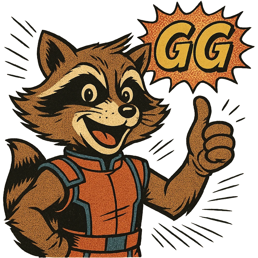 Rocket Raccoon in old school comic book style, giving a thumbs up or victory sign, with the text: GG, cheerful expression emoji