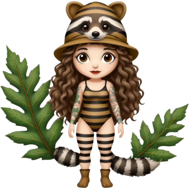full body woman long curly brown hair brown eyes white skin tattoos wearing raccoon hat and striped leaf bodysuit emoji