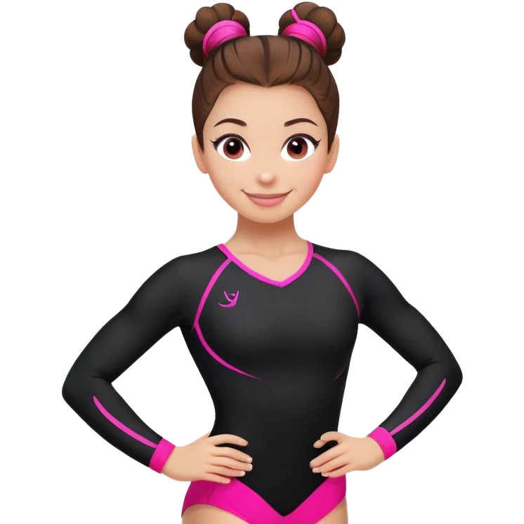 Happy female gymnast with brown hair in a neat bun, wearing a black uniform with neon pink elements. emoji