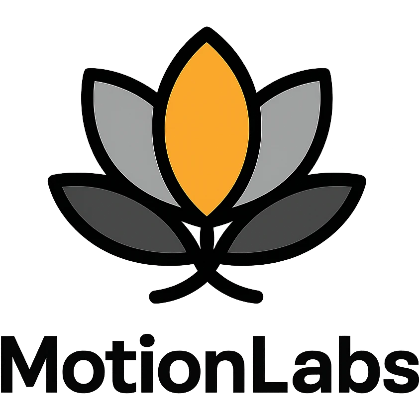 ultra luxury logo for MotionLabs with a stylized lotus icon, colors #ffa31a, #808080, #292929, #1b1b1b, #ffffff emoji