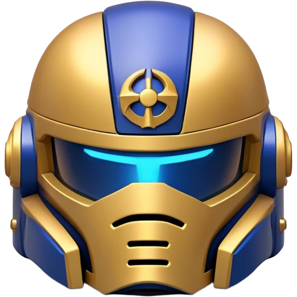 Clash of Clans aesthetic: Cinematic Playful Space Marine Helmet Emoji, rendered in a 3D vector-style similar to standard emojis with minimal shading and bold, simplified shapes. A compact, heroic isometric helmet with futuristic, armored detailing and a glowing visor, softly glowing with a battle-ready cosmic charm. Simplified yet unmistakably iconic, highly detailed and consistent, glowing with a soft radiant shine and high gloss. Stylized with a touch of interstellar valor and a soft glowing outline, capturing the essence of an elite warrior’s helm with a friendly, playful spirit! emoji