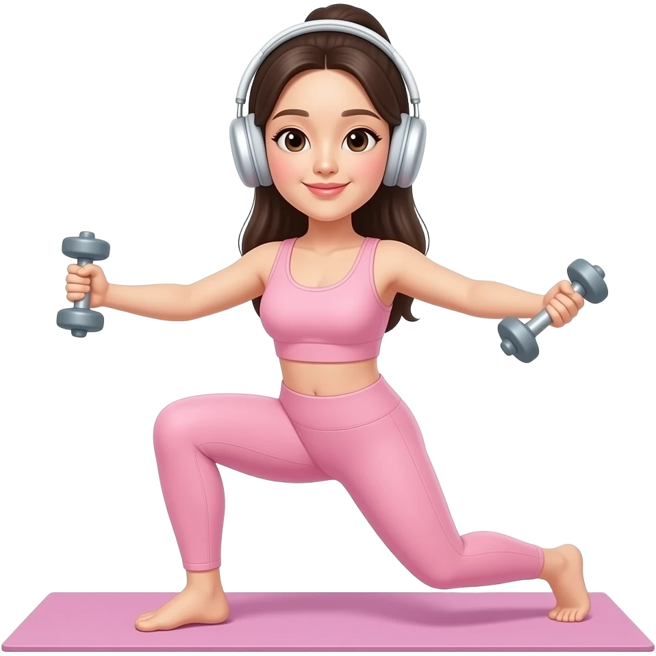 연분홍 요가복을 입은 몸매가 좋은 한국 여자가 에어팟 맥스를 끼고, 헬스를 하고 있다 emoji