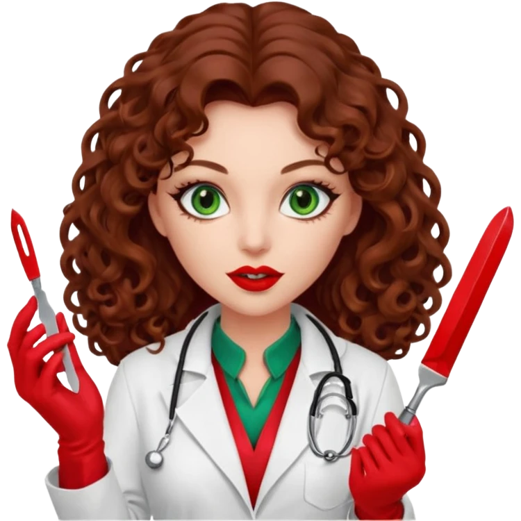 Lilith symbol seductress evil woman. She has green eyes.  had brown long curly hair.  evil surgeon kills with scalpel wears red sexy doctor coat with red mouth cover red gloves emoji