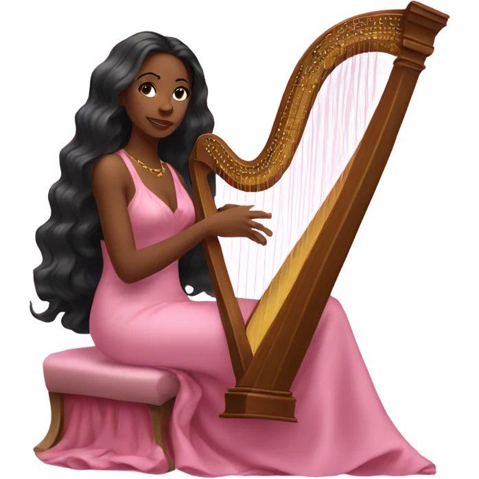 Pretty black women with long hair in a silk pink dress playing the harp sitting down emoji