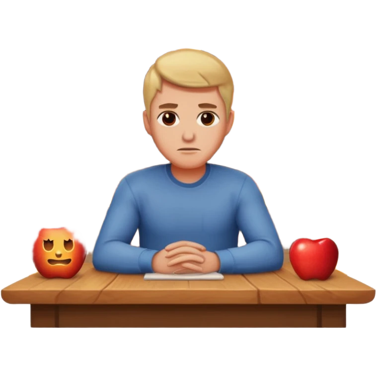 a man sits sadly at a table, a burning house with visible flames behind him, apple style emoji emoji