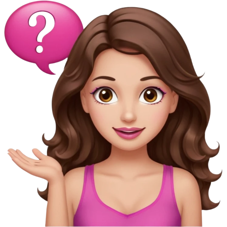 girl with long wavy brown hair, brown eyes, long lashes makeup, sexy pink lips, light to medium complexion, wearing a pink sexy top, shugging, smiling, question mark one speech bubble emoji