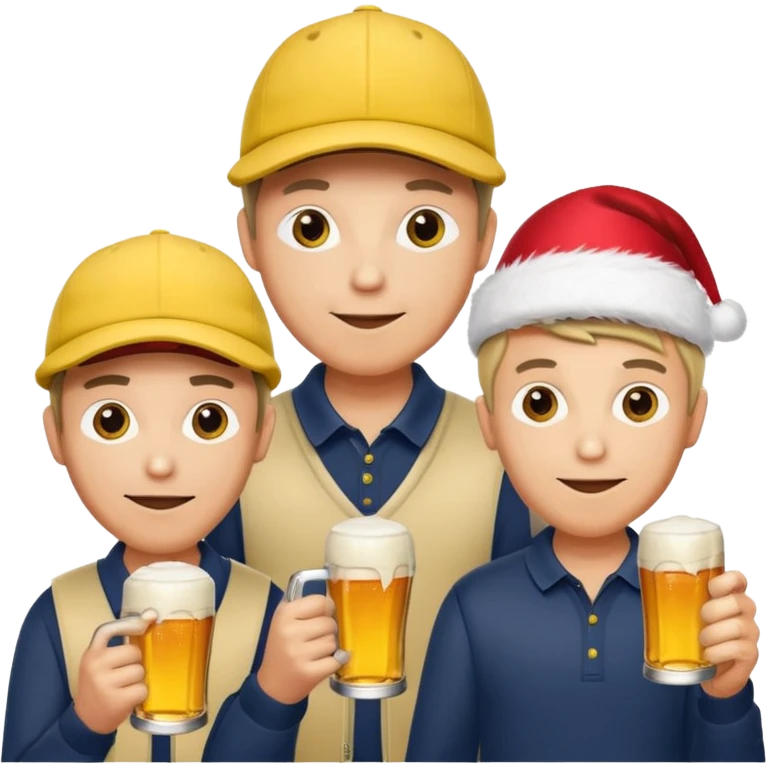 16 men on a golf trip wearing yellow golf caps all holding a beer can with a Xmas style label. Has to be 16 of them. emoji