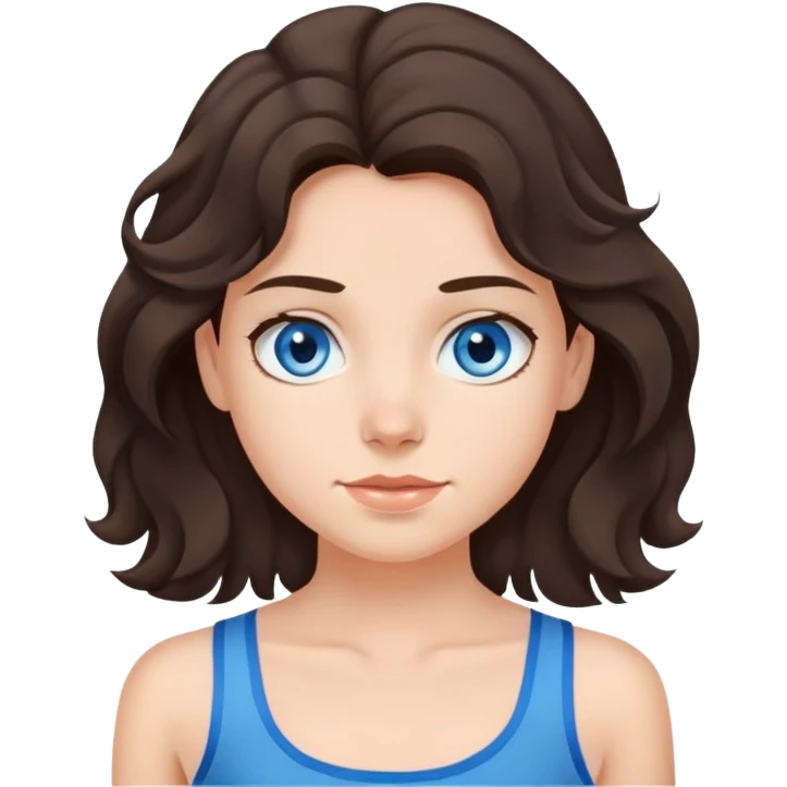 a girl with dark brown wavy hair just below her shoulders, with gray-blue eyes, in a blue tank top with thin straps emoji