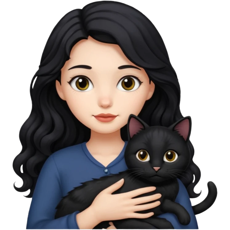 Girl with black long wavy hair holding in her arms black cat emoji