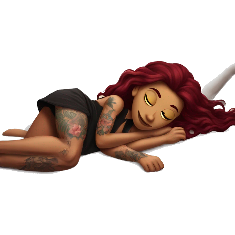 Beautiful tattooed burgundy long haired woman laying on the boyfriends chest emoji