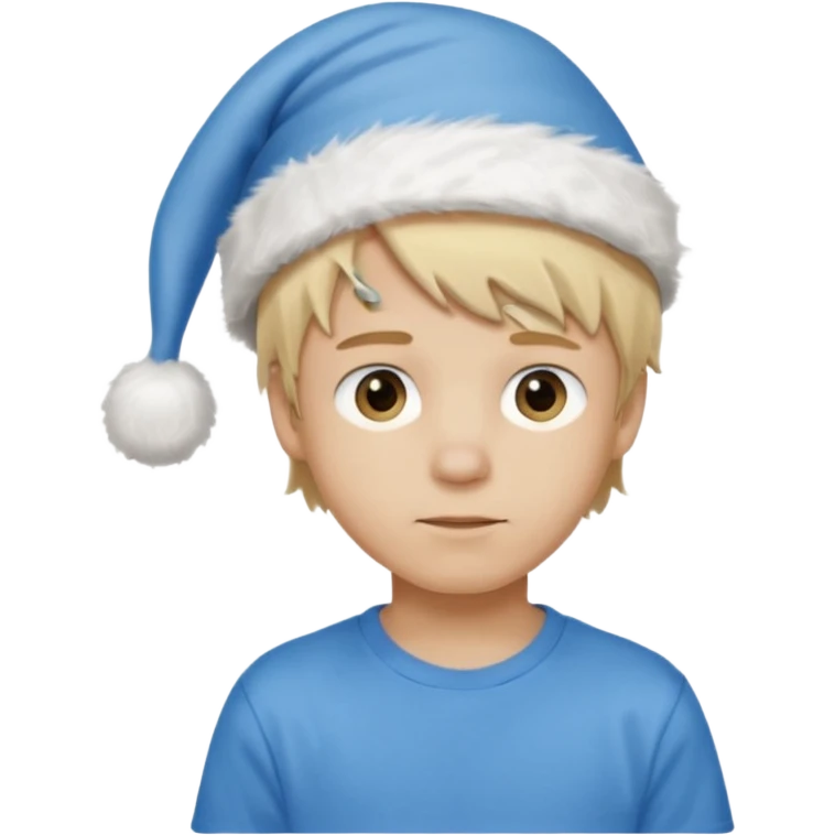 create boy blonde hair long messy, light eyes, white t shirt, rich, long hair, eyes blue, acessory head cristimas blue hat emoji
