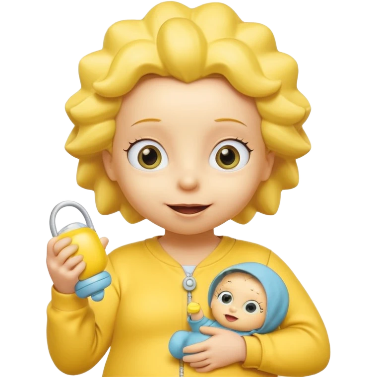 A 3D cartoon baby character fully yellow skin, styled like Maggie Simpson, with pacifier, yellow onesie, big eyes, smooth shading, Memoji-style rendering, consistent with other yellow Simpsons characters. emoji