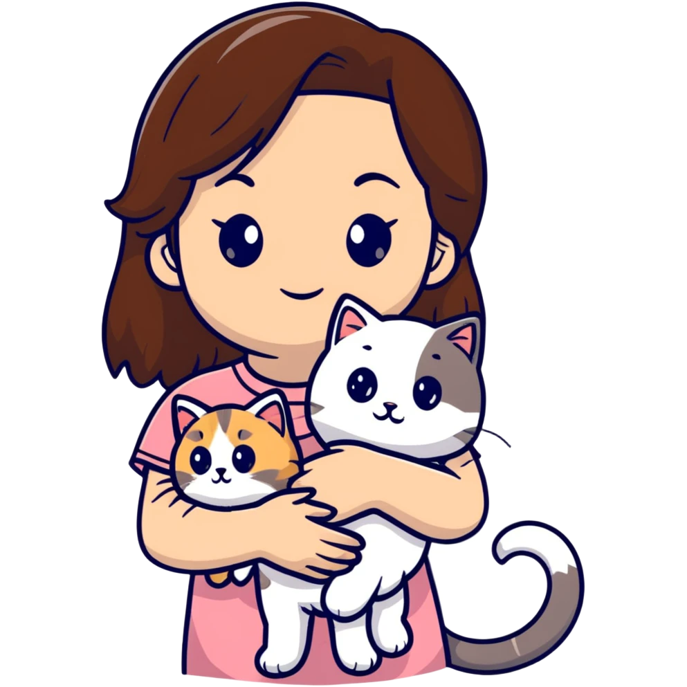 brown-haired girl holding a fluffy ragdoll cat emoji