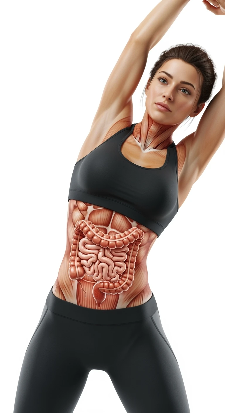 donna che fa stretching con intestino umano anatomico in evidenza, realistica 4k sfondo bianco emoji