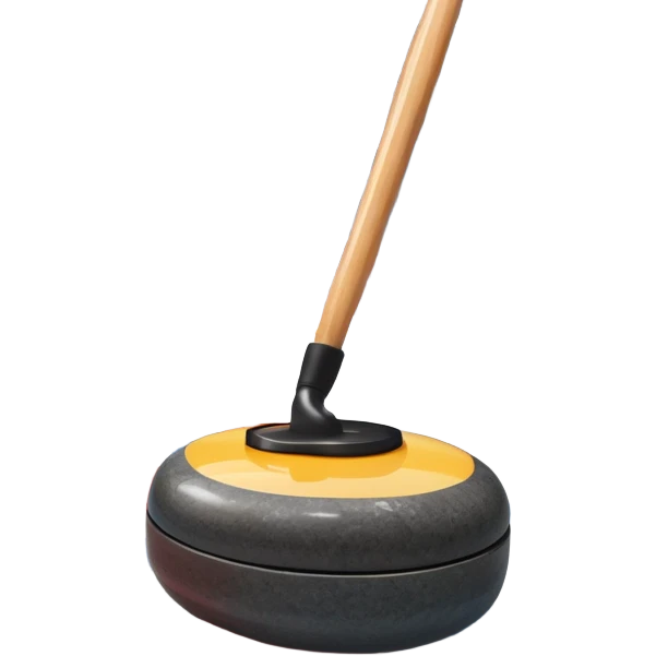 An icon featuring a curling stone in the foreground on an ice sheet with marked target circles. A curling broom rests nearby. In the background, a grand indoor stadium with bright lights and cheering fans. The ice reflects the vibrant colors of the surroundings. Transparent background. emoji