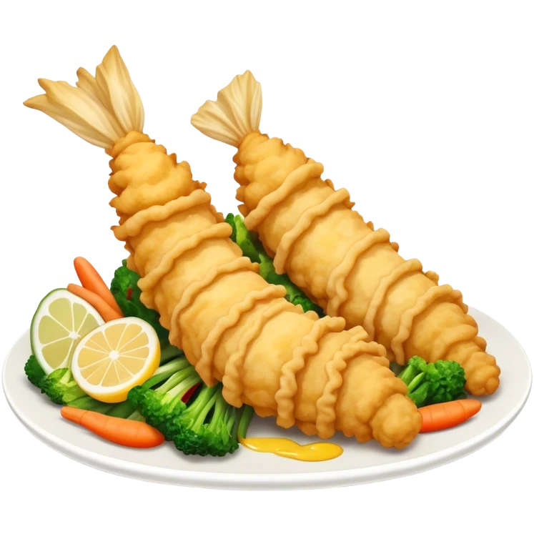 Tempura Cinematic Realistic Tempura Dish Emoji, depicted as extra crispy, lightly battered seafood and vegetables, rendered with vivid textures and dynamic, bright lighting. emoji